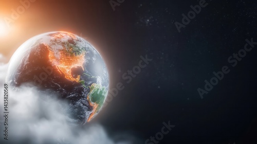 Earth in the Cosmos: A captivating depiction of the Earth, veiled in ethereal clouds and illuminated by the radiant sun, floating in the vast, star-studded expanse of space.