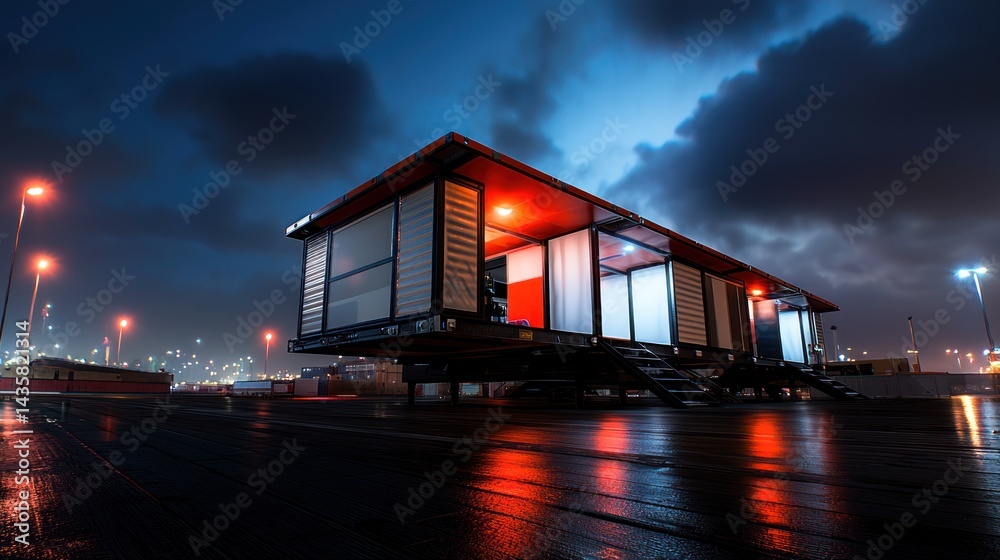 Obraz premium Modern modular container home at night, port city backdrop