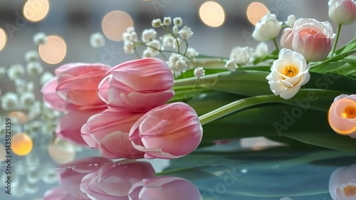 Beautiful pink tulips bring a touch of elegance to a serene setting filled with soft bokeh lights and delicate white flowers Generative AI