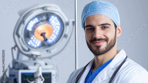 Surgeon with a smile: A confident surgeon, exuding warmth and professionalism, stands in a bright operating room. This image conveys expertise, care, and the dedication to saving life.
