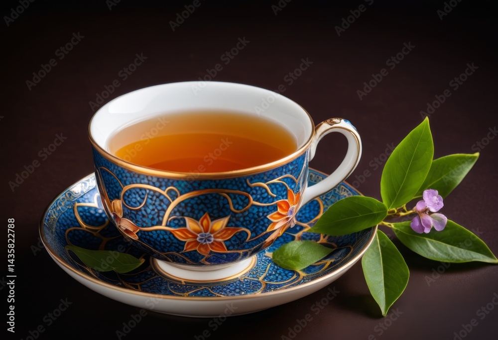 A cup of tea with flowers is placed on the saucer A cup of tea with flowers is placed on the saucer
