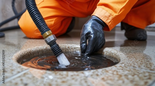 Industrial worker using a high-pressure drain cleaning machine to clear a clogged sewer pipe of dirt debris and grime in an urban plumbing maintenance scenario