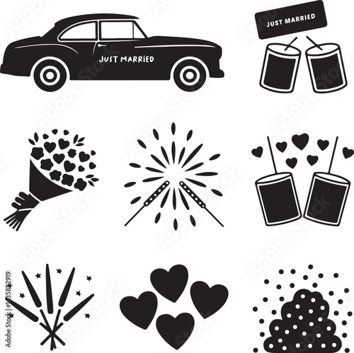 Silhouette icons vintage car, just married sign, tin cans, bouquet toss, sparkler send off, fireworks, hearts, rice toss, confetti explosion