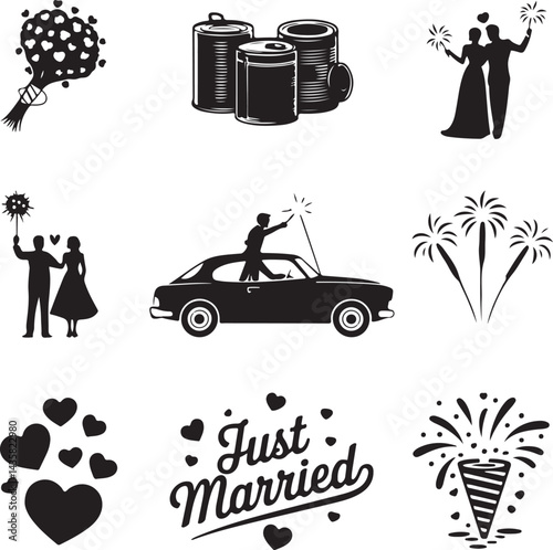 Silhouette icons vintage car, just married sign, tin cans, bouquet toss, sparkler send off, fireworks, hearts, rice toss, confetti explosion