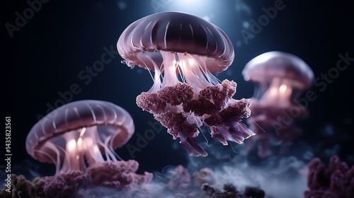 Ethereal underwater photography of glowing jellyfish in the dark ocean a mystical deep sea scene photo
