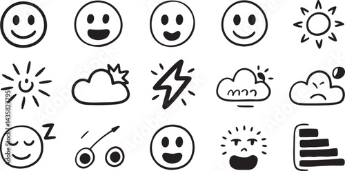 Simple hand drawn elements smiley faces, mood icons, stars, clouds, weather symbols, trackers, sleepy face, energy bar, journal icons