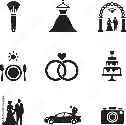 Simple vector icons for wedding schedule makeup brush, dress hanger, ceremony arch, rings, reception meal, cake cutting, first dance, car send off, camera