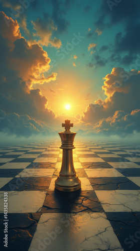 Generative AI Chess King at Sunrise: Strategy, Power chess king chessboard sunrise clouds golden tile cracked horizon sky game strategy power leadership success contemplation