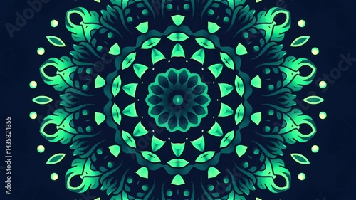 Green Floral Mandala Animation with Abstract Patterns. For artistic and decorative uses. Emphasizes symmetry, natural themes, and harmonious abstract art