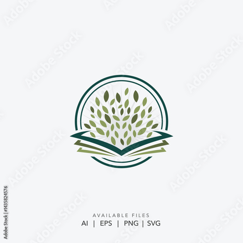 Open Book Logo with Growing Tree Symbol, Green Plant Growing from Book in Circle Logo
