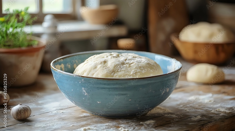 A blue bowl with bread dough rising on a rustic wooden table, ready for baking. A blue bowl with bread dough rising on a rustic wooden table, ready for baking.