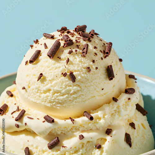 Close up of vanilla ice cream scoops in a bowl with chocolate shavings against a blue background