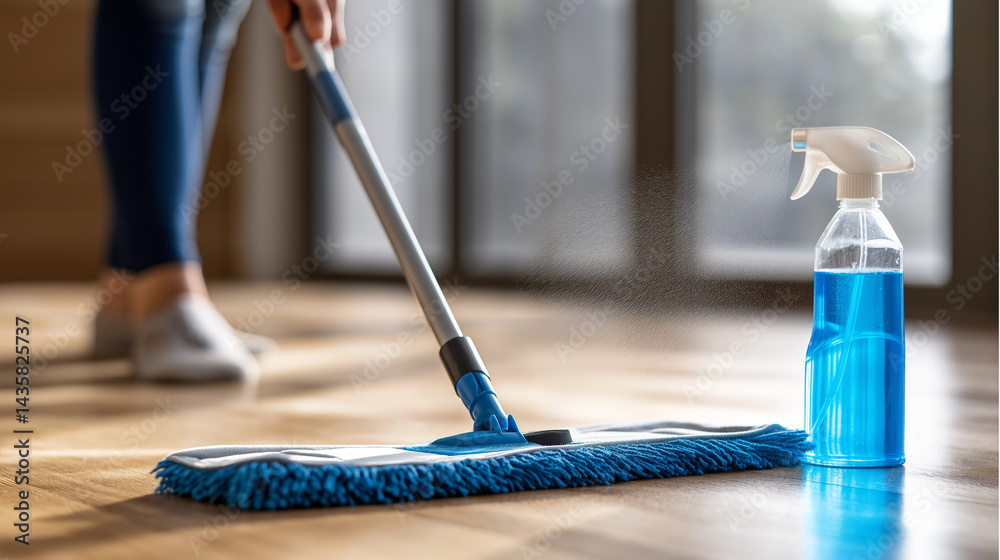 Cleaning hardwood floor with a blue microfiber mop in natural light