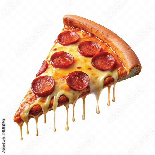 realistic cheesy pepperoni pizza slice with dripping melted cheese. Isolated on white background