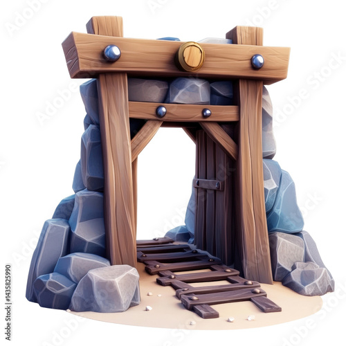 Cartoon Mine Entrance: A whimsical cartoon illustration of a mine entrance, constructed with weathered wood and rocky features, hinting at a treasure trove within. 