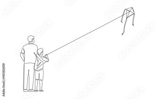 Continuous one line drawing of Son playing kite with support from his father, family connection and joyful outdoor activity concept, single line art