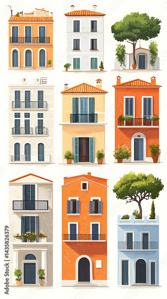 Naklejka premium Nine Mediterranean-style buildings various colors sizes balconies plants