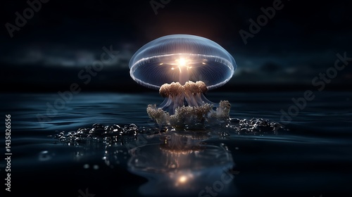 Ethereal glowing jellyfish in dark ocean underwater photography deep sea marine bioluminescence night scene photo