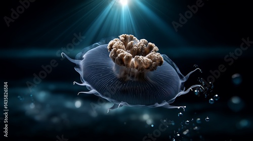 Ethereal underwater scene featuring glowing bioluminescent jellyfish in the dark ocean captured in mesmerizing photography photo