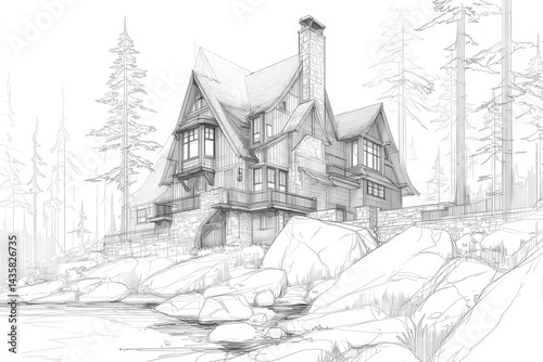 Charming Hand-Drawn Cabin Nestled Among Tall Pine Trees