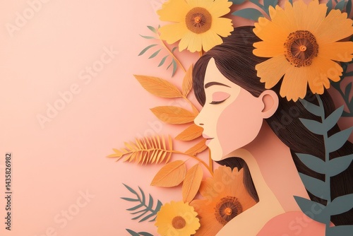 Delicate paper cutout of a woman surrounded by autumnal flowers and leaves.