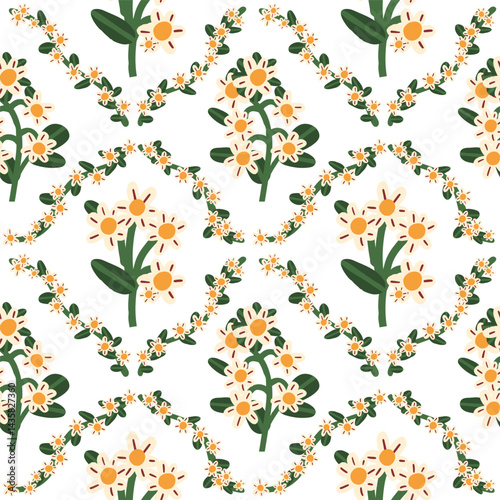 Cute seamless coquette pattern of white flowers. Preppy background for wallpaper or wrapping paper