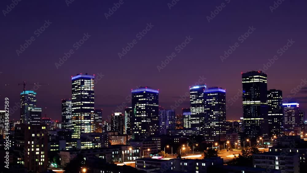 Urban Skyline at Dusk with Vibrant Colors and Twinkling City Lights
