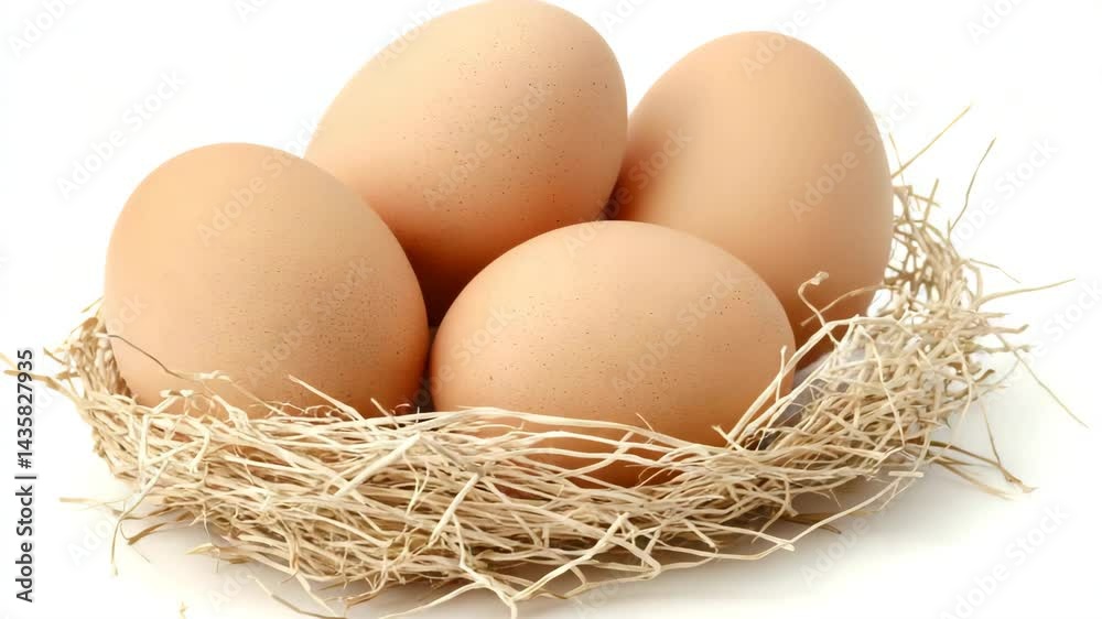Eggs in a nest. Four tan eggs nestled in natural straw on a white background. Simple, organic food concept Eggs in a nest. Four tan eggs nestled in natural straw on a white background. Simple, organic food concept