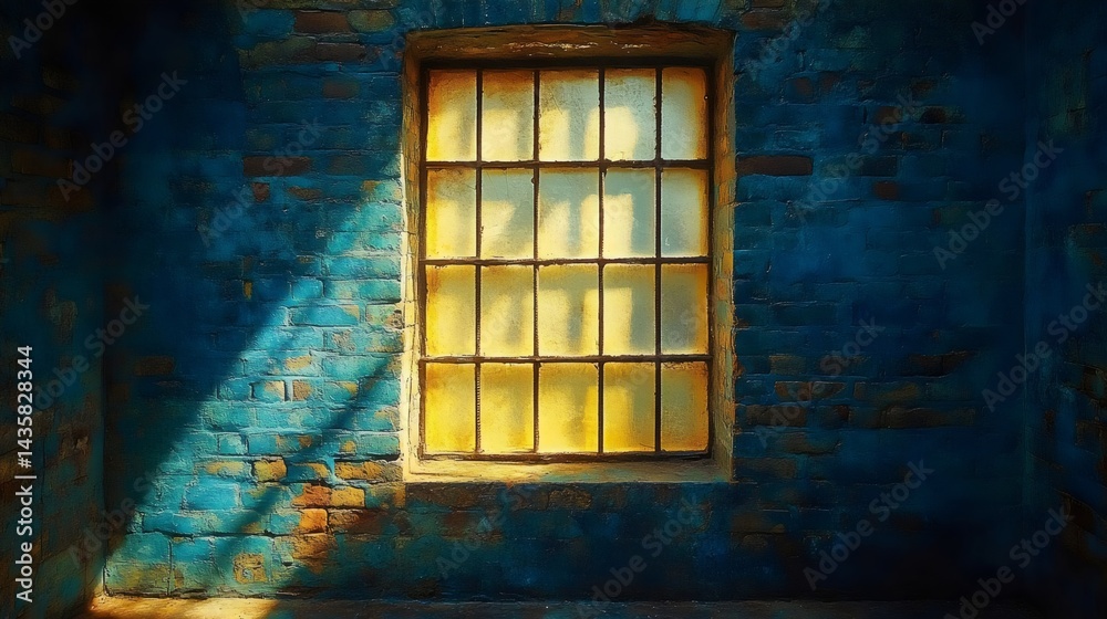 A beautifully lit window within an old brick wall, creating a warm and inviting scene.