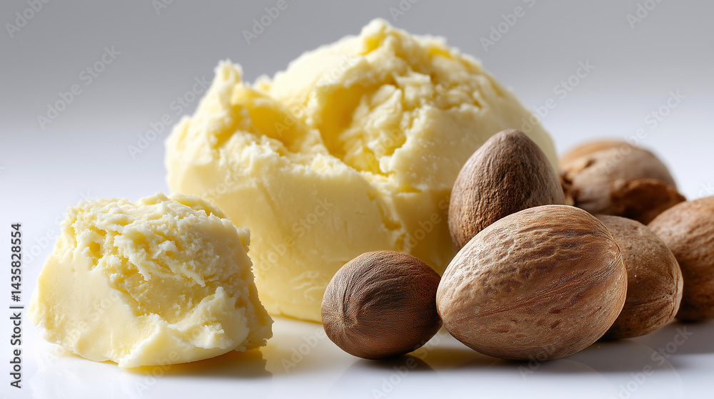 Natural Raw Shea Butter with Sheanuts on White Background
