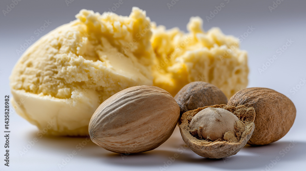 Raw Shea Butter with Shea Nuts on White Background, Natural Texture
