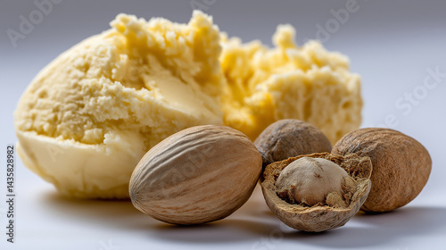 Raw Shea Butter with Shea Nuts on White Background, Natural Texture