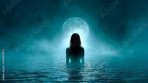 Moonlit Siren's Embrace - A mysterious woman, long hair flowing, wades in moonlit water, symbolizing mystery, allure, the subconscious, hidden depths, and feminine power