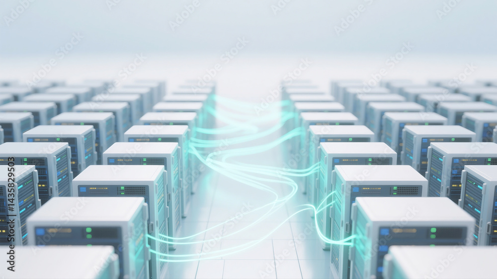 Obraz premium 클라우드 컴퓨팅과 네트워크 인프라 기술 일러스트 Cloud Computing and Network Infrastructure Technology Illustration