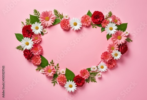 Heart-shaped arrangement of flowers on a pink background