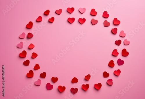 Close-up of red and pink heart-shaped circles on a pink background