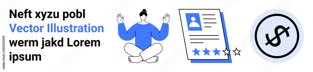 Person meditating, resume with star ratings, dollar icon. Ideal for self-improvement, career growth, financial success, balance, mindfulness, productivity tips simple landing page Person meditating, resume with star ratings, dollar icon. Ideal for self-improvement, career growth, financial success, balance, mindfulness, productivity tips simple landing page