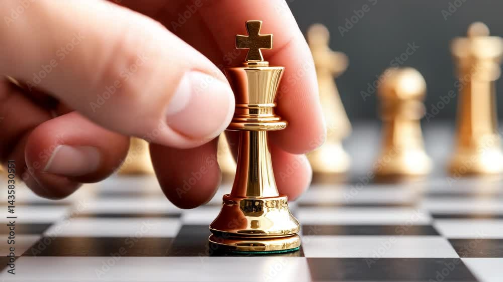 Golden chess king. A hand moves the king on a checkered board, with blurred pieces in background