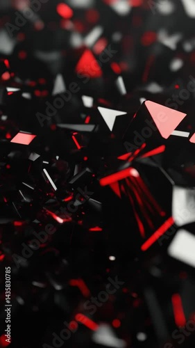Abstract background featuring sharp geometric shapes with black surfaces and bright red accents, creating a modern, futuristic, and dynamic composition