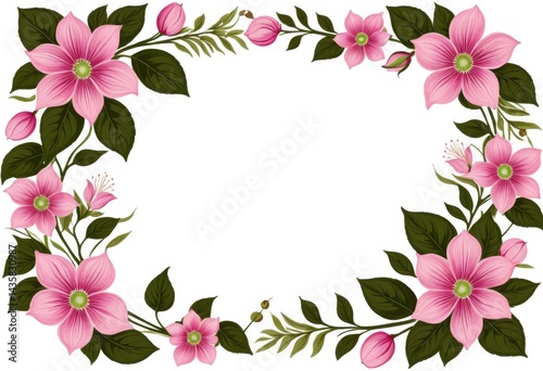 Pink Flower Frame Green Leaves and Flowers