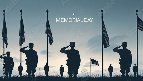Memorial Day background featuring a subtle silhouette of soldiers saluting with flags in the background, ample copy space in the center, soft muted tones of blue and grey for a solemn, respectful feel