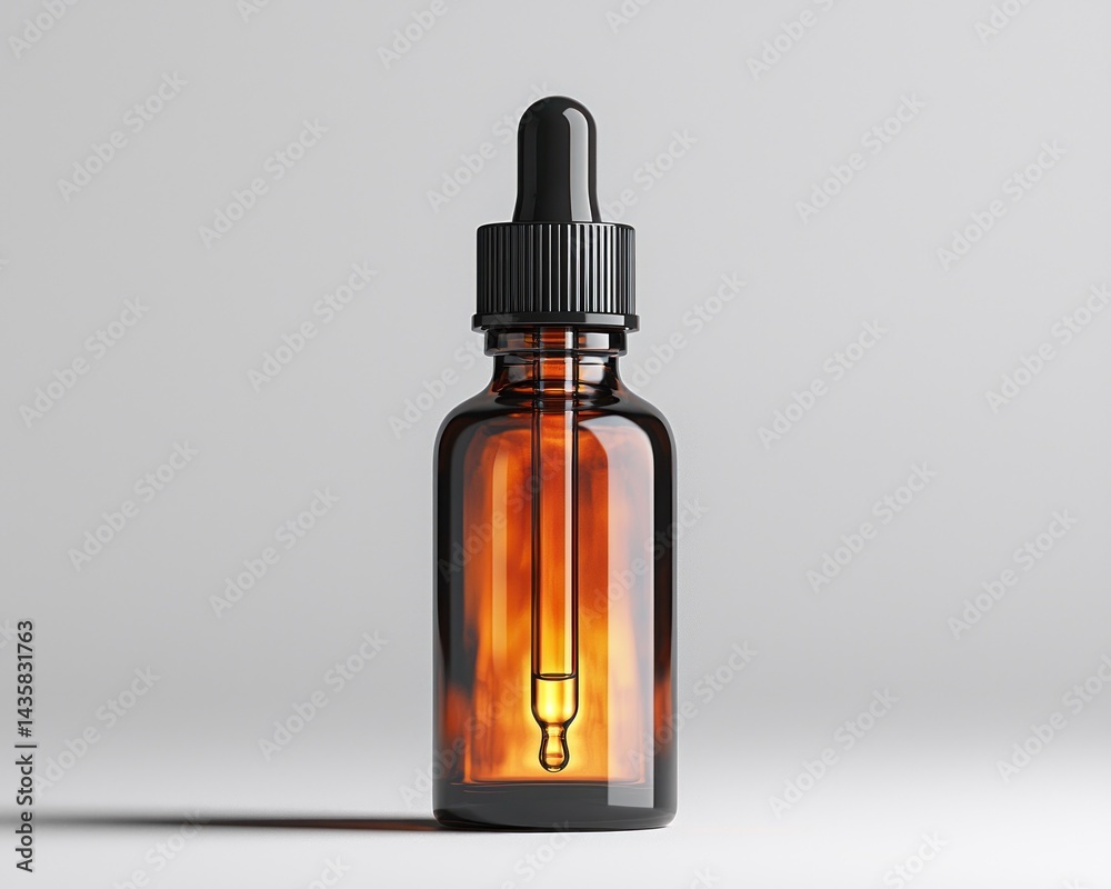 Amber glass dropper bottle with pipette on a minimalist background Amber glass dropper bottle with pipette on a minimalist background