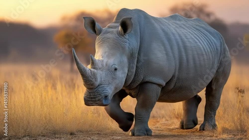 Rhino approaches through golden grassland with blurred trees, majestic wildlife, nature, wild mammal, dangerous animal