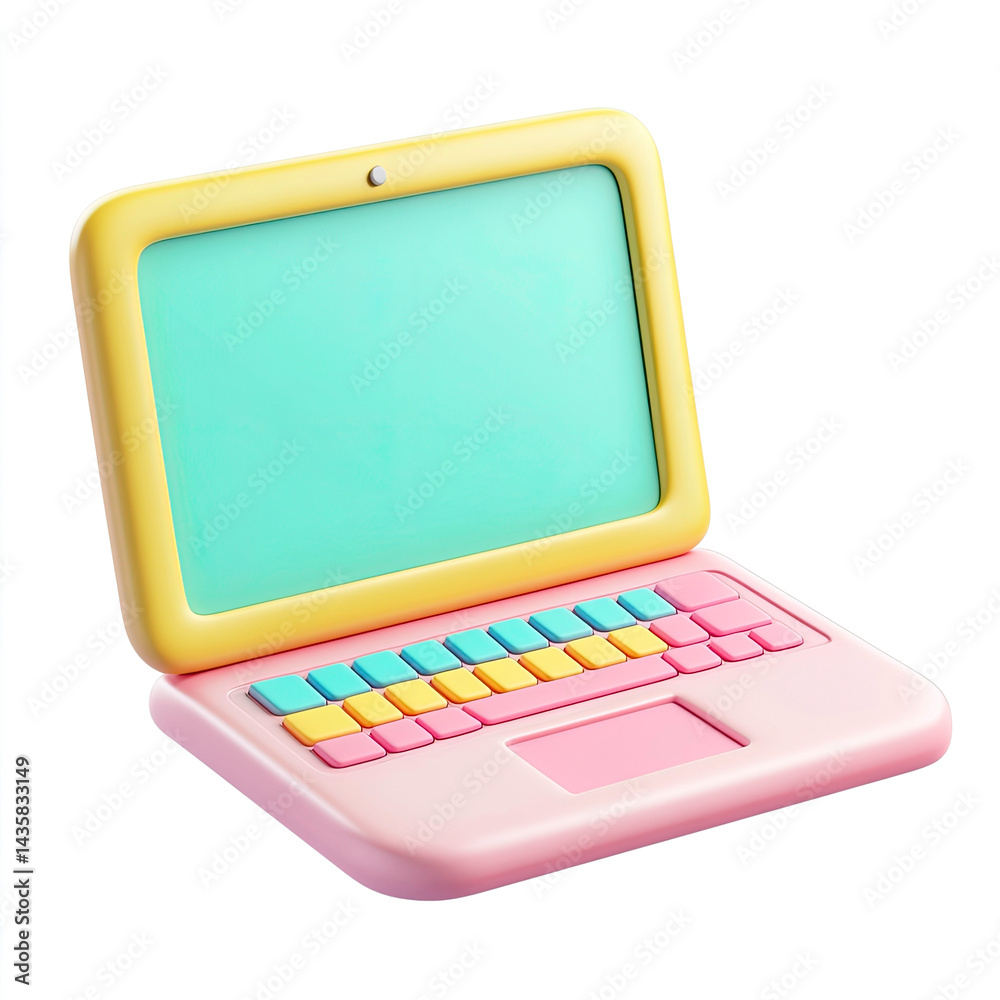 This 3D icon showcases a colorful laptop design featuring a modern cartoon aesthetic. The laptop includes a vibrant keyboard and blank screen, perfect for mockup applications This 3D icon showcases a colorful laptop design featuring a modern cartoon aesthetic. The laptop includes a vibrant keyboard and blank screen, perfect for mockup applications