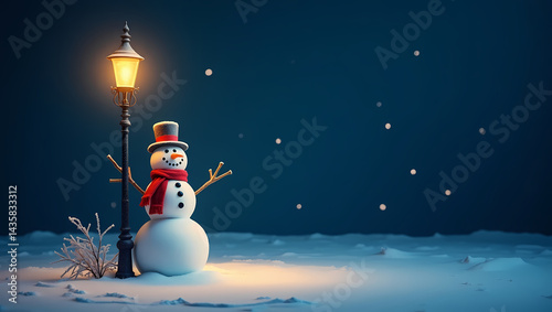 Winter Night's Embrace: A festive snowman under the warm glow of a lamppost, as snowflakes dance gently in the night. Capturing the joy of winter with a touch of nostalgia.