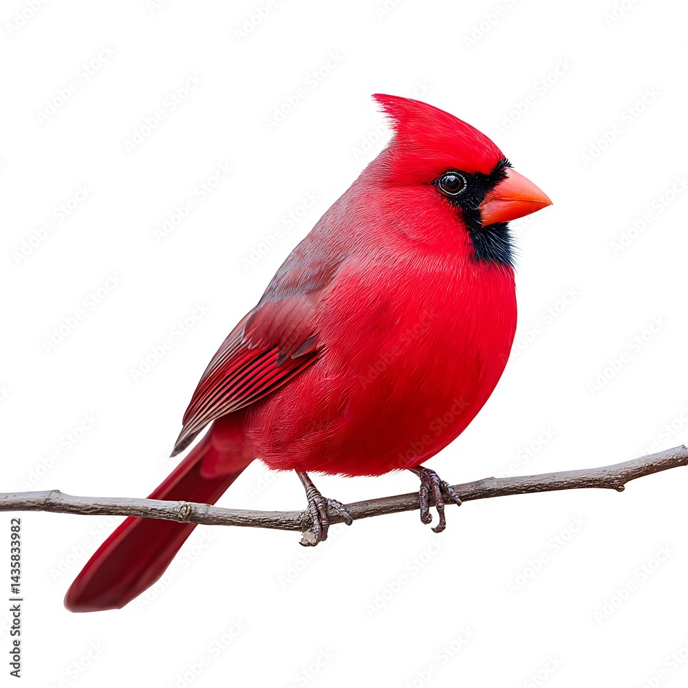 Fototapeta Vibrant red bird perched on a twig against a white backdrop