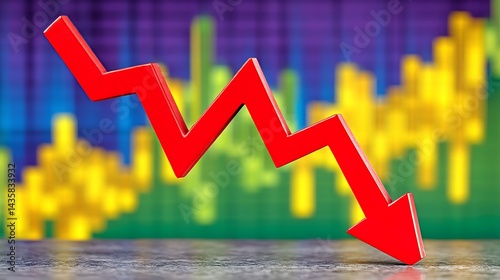 Red arrow plunges, showcasing a sharp market decline against a blurred background of fluctuating graphs photo