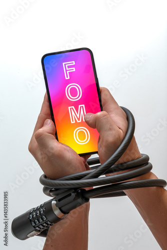 Hands are clamped with a cable lock, holding a smartphone with FOMO (Fear of missing out) on it - addiction to social media, fear of missing important updates, and addiction to news. photo