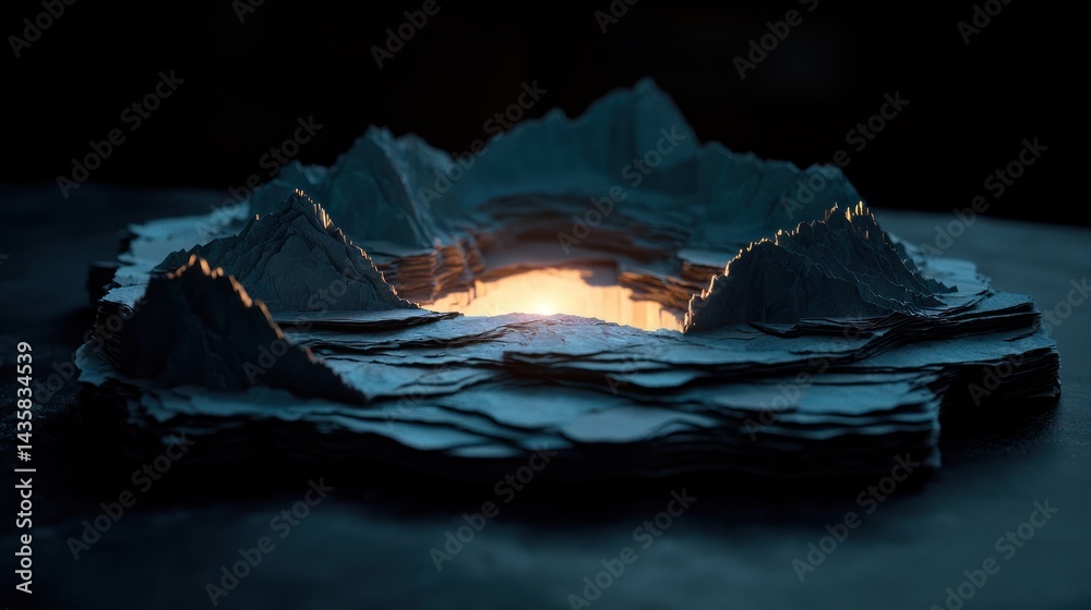 Obraz premium Illuminated, mountainous, circular, stone island; glow in the center