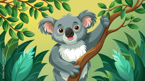 A koala standing upright on a branch, reaching for a cluster of eucalyptus leaves above its head